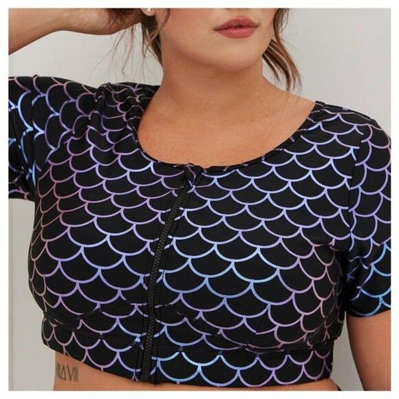 Torrid Zip Front Short Sleeve Active Swim Top - Mermaid - Picture 1 of 4